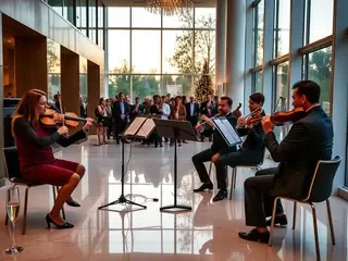 Firmenjubiläum im Foyer, Sekt in der Hand, alle hören hin