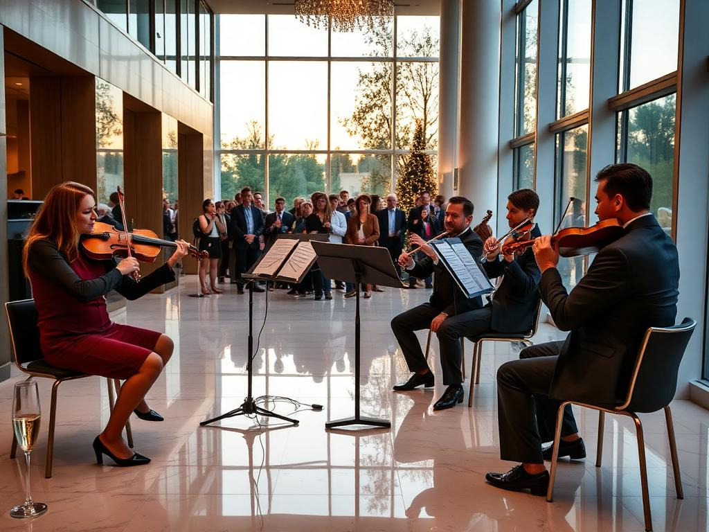 Firmenjubiläum im Foyer, Sekt in der Hand, alle hören hin